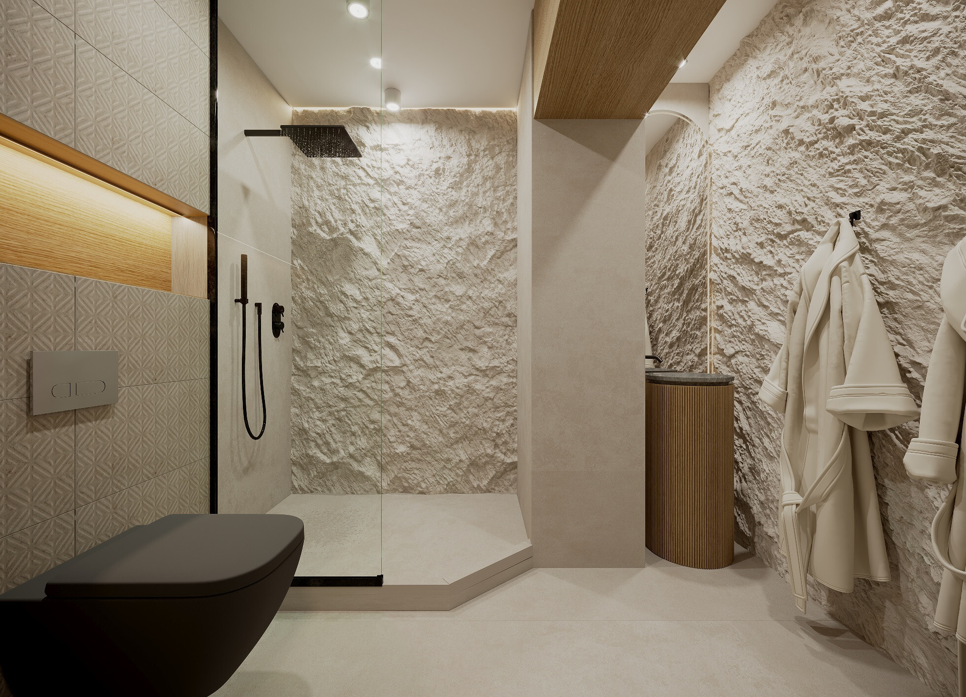 Интерьер ванной с душевой из плитки в стиле лофт и средиземноморском