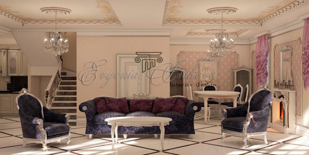 Интерьер гостиной с каретной стяжкой в классическом стиле, барокко и рококо