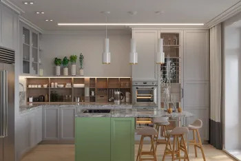 Интерьер кухни c островом в неоклассике смотреть на Basicdecor