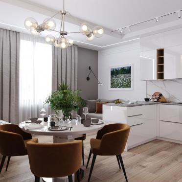 Интерьер кухни cветильниками над столом  смотреть на Basicdecor