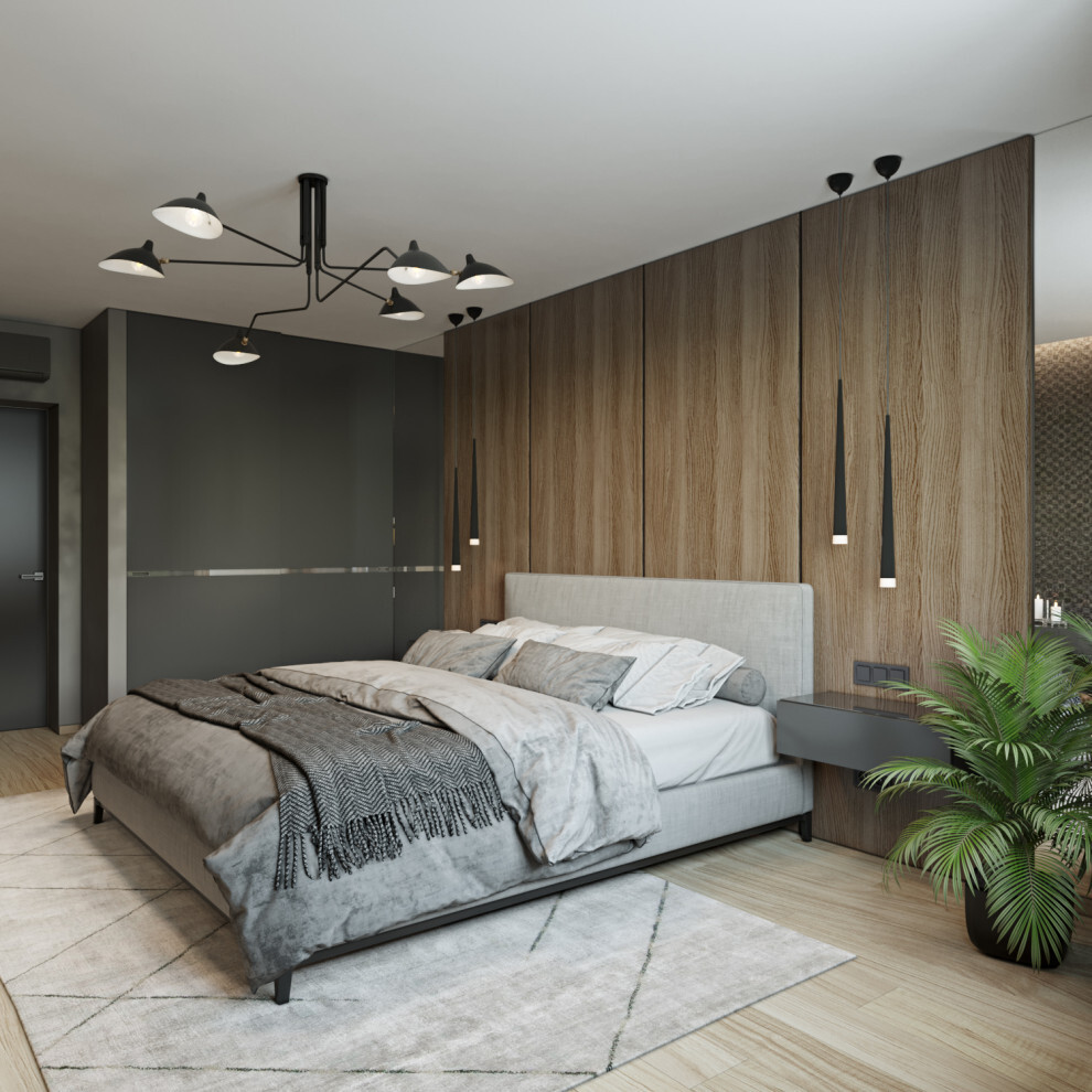 Интерьер спальни с подсветкой настенной, подсветкой светодиодной, светильниками над кроватью и с подсветкой в современном стиле и в стиле лофт