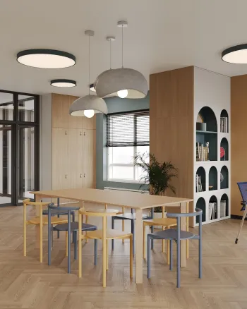 Интерьер столовой cветильниками над столом  смотреть на Basicdecor