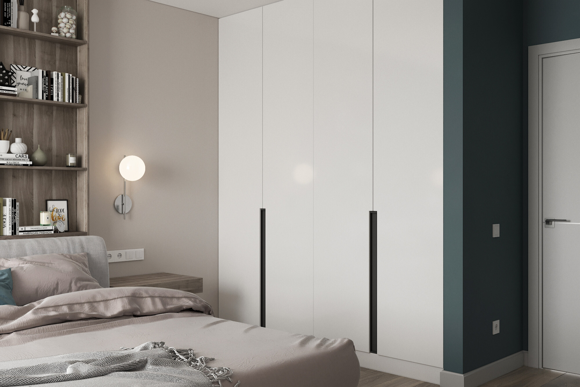 Интерьер спальни с шкафами вокруг двери, шкафом напротив кровати и шкафом у кровати в современном стиле