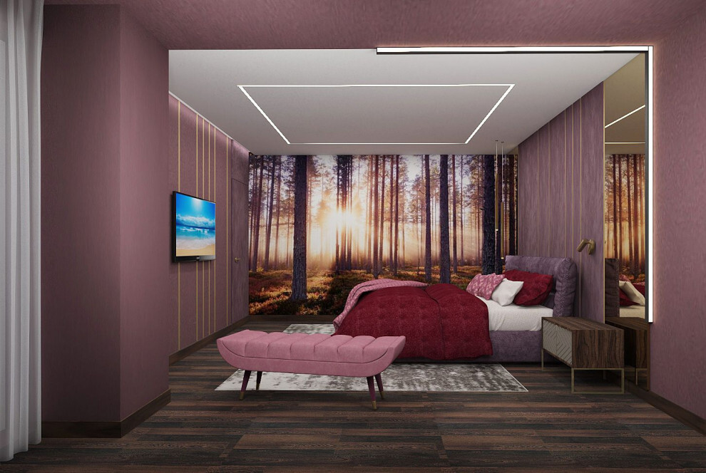 Интерьер гостиной с нишей с подсветкой, рейками с подсветкой, подсветкой настенной, подсветкой светодиодной и с подсветкой в современном стиле