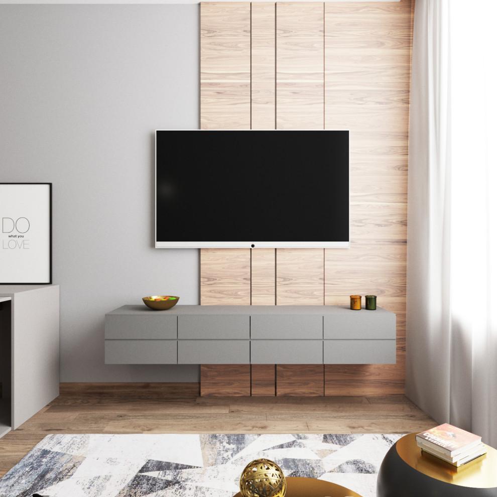 Интерьер гостиной cтеной с телевизором, телевизором на рейках, телевизором на стене и керамогранитом на стену с телевизором в современном стиле