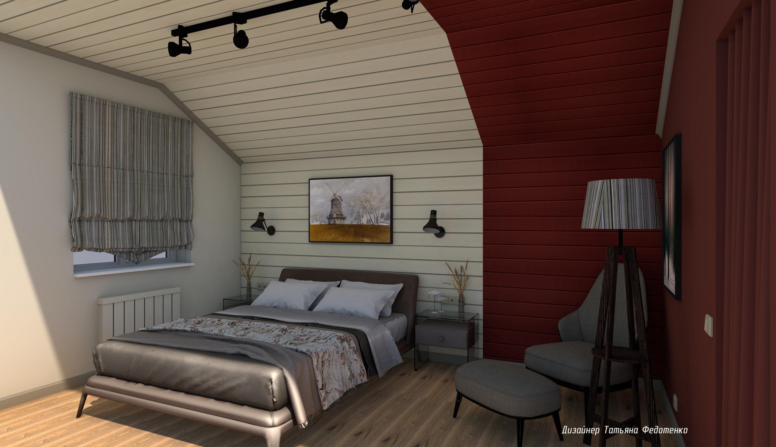 Интерьер спальни с на мансарде и в деревянном доме в современном стиле