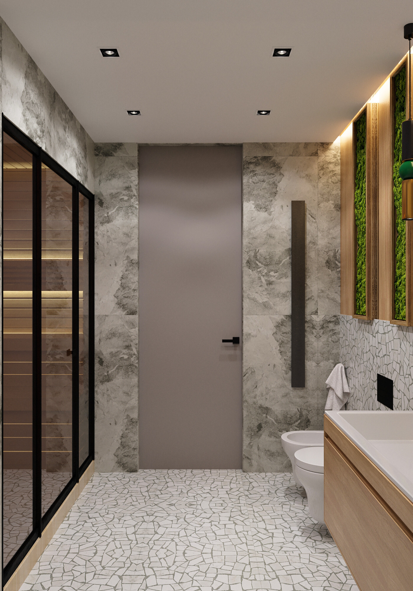 Интерьер ванной с без дверей, проходной и зеркалом на двери в современном стиле