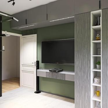 Интерьер с зонированием, проходной, зонированием рейками, телевизором на рейках и ресепшном  смотреть на Basicdecor