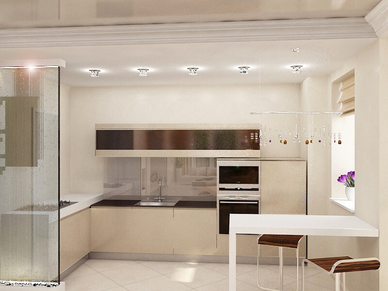 Интерьер кухни cветовыми линиями, подсветкой настенной, подсветкой светодиодной и с подсветкой в современном стиле