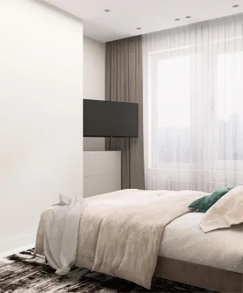 Интерьер спальни с акцентной стеной за кроватью и акцентными обоями за кроватью  смотреть на Basicdecor