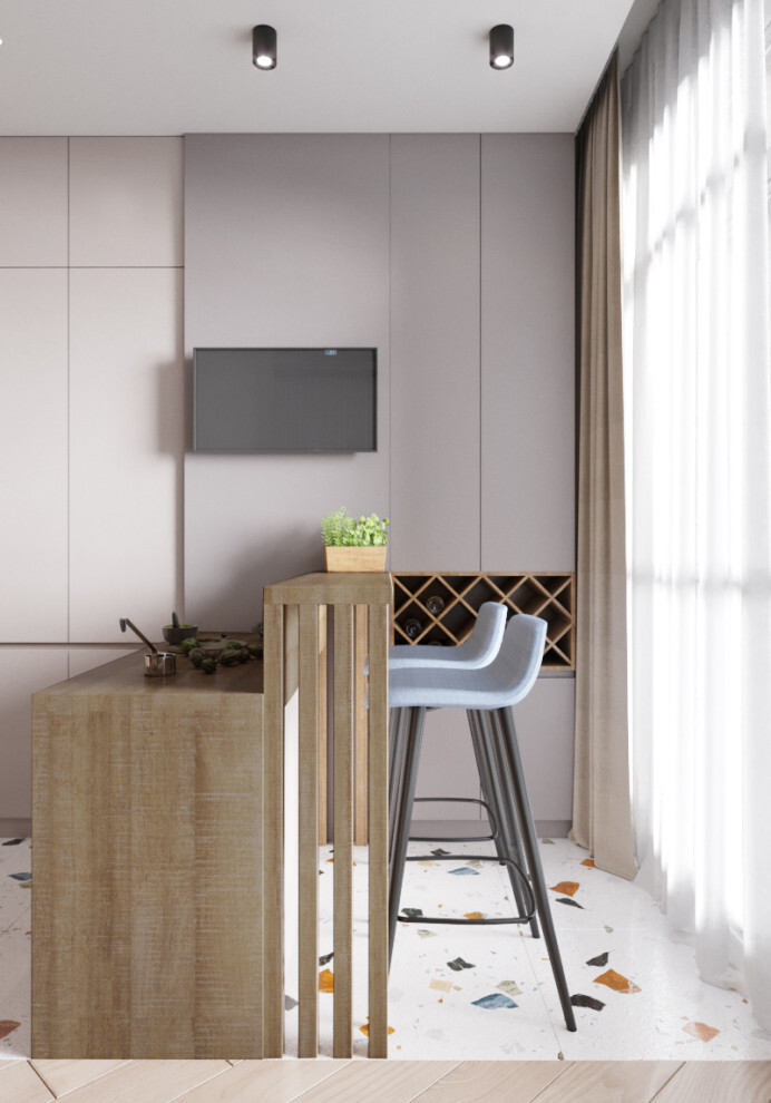 Интерьер кухни cтеной с телевизором, телевизором на рейках, телевизором на стене и керамогранитом на стену с телевизором в современном стиле