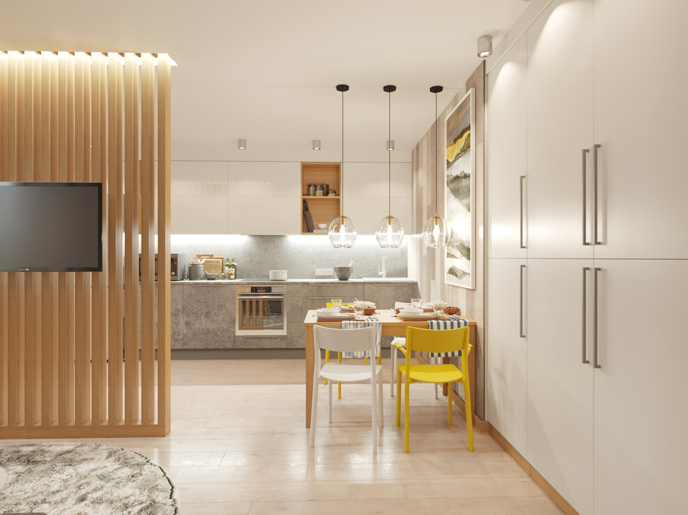 Интерьер кухни с зонированием рейками и рейками с подсветкой в современном стиле