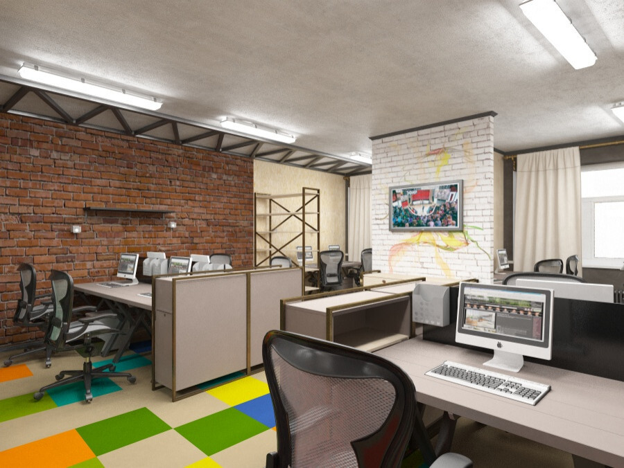 Интерьер офиса c рабочим местом, световыми линиями, подсветкой настенной и подсветкой светодиодной