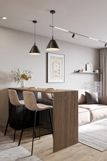 Интерьер гостиной cветильниками над столом  смотреть на Basicdecor