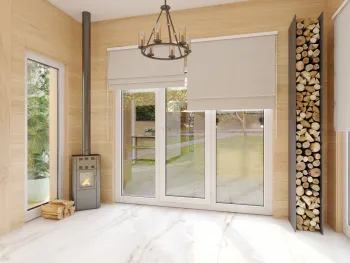 Интерьер гостиной с жалюзи и дверными жалюзи  смотреть на Basicdecor