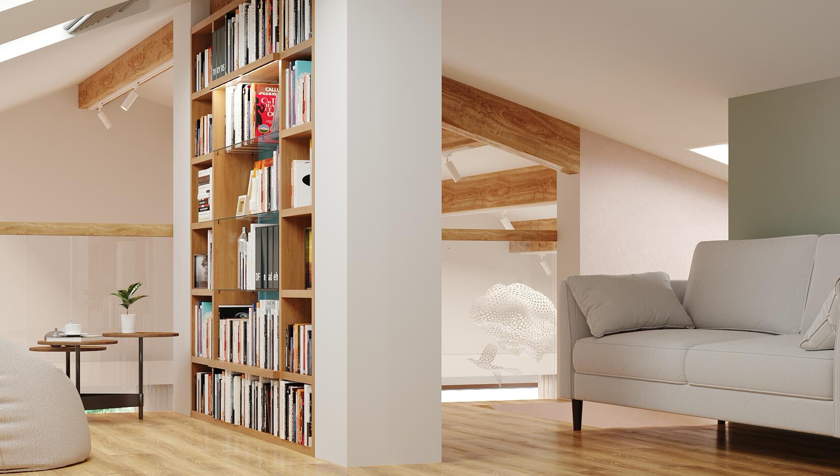 Интерьер коридора с библиотекой/место для чтения в современном стиле