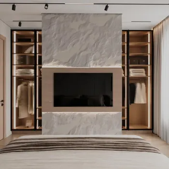 Интерьер спальни с акцентными обоями за кроватью  смотреть на Basicdecor