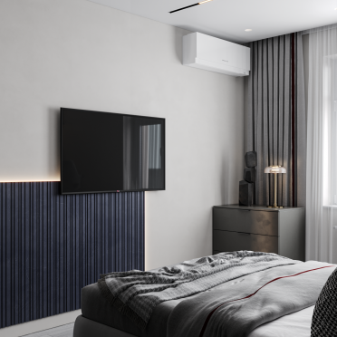 Интерьер спальни с телевизором на рейках и телевизором на стене  смотреть на Basicdecor