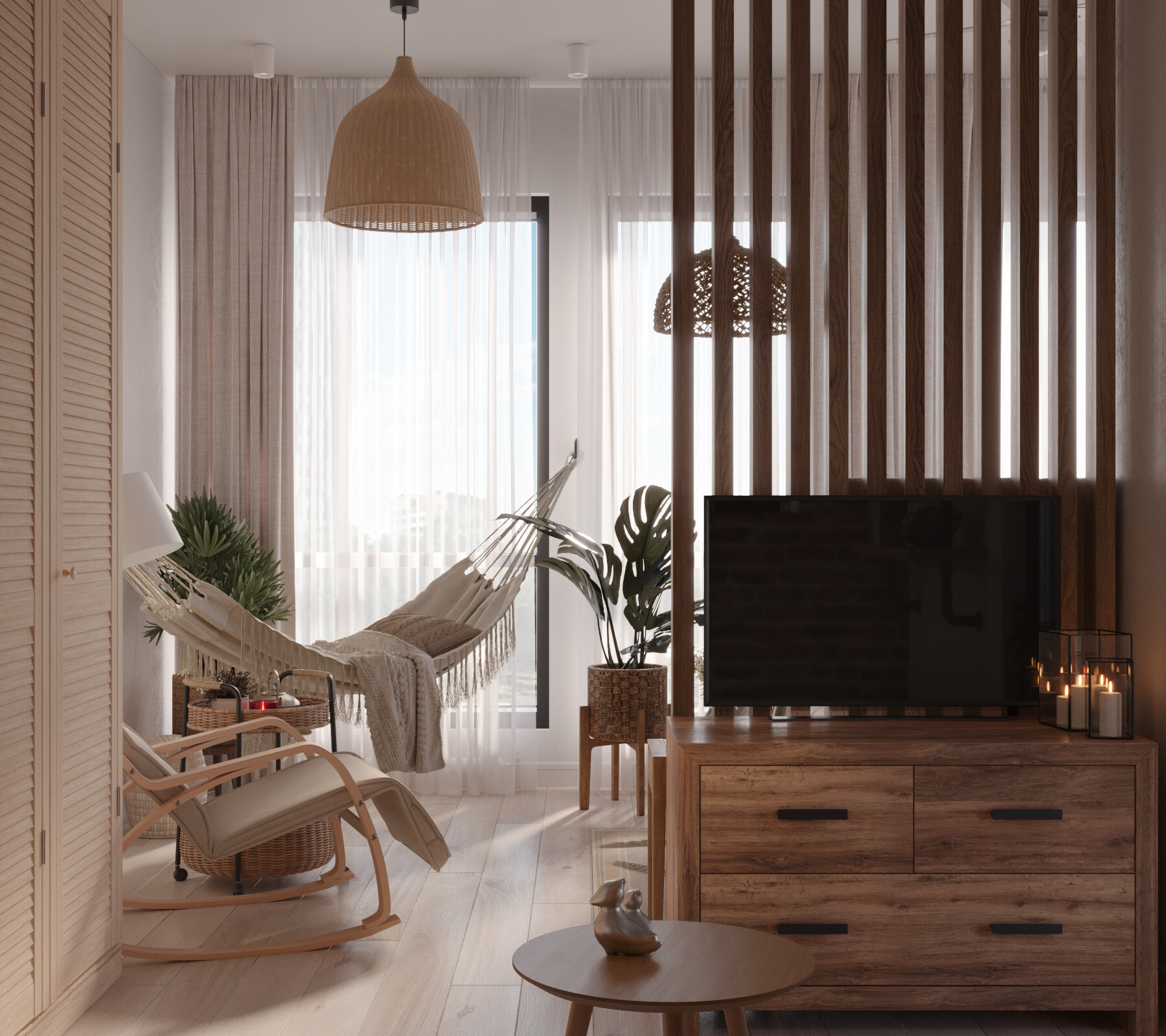 Интерьер гостиной с в деревянном доме и сауной в стиле лофт и скандинавском стиле