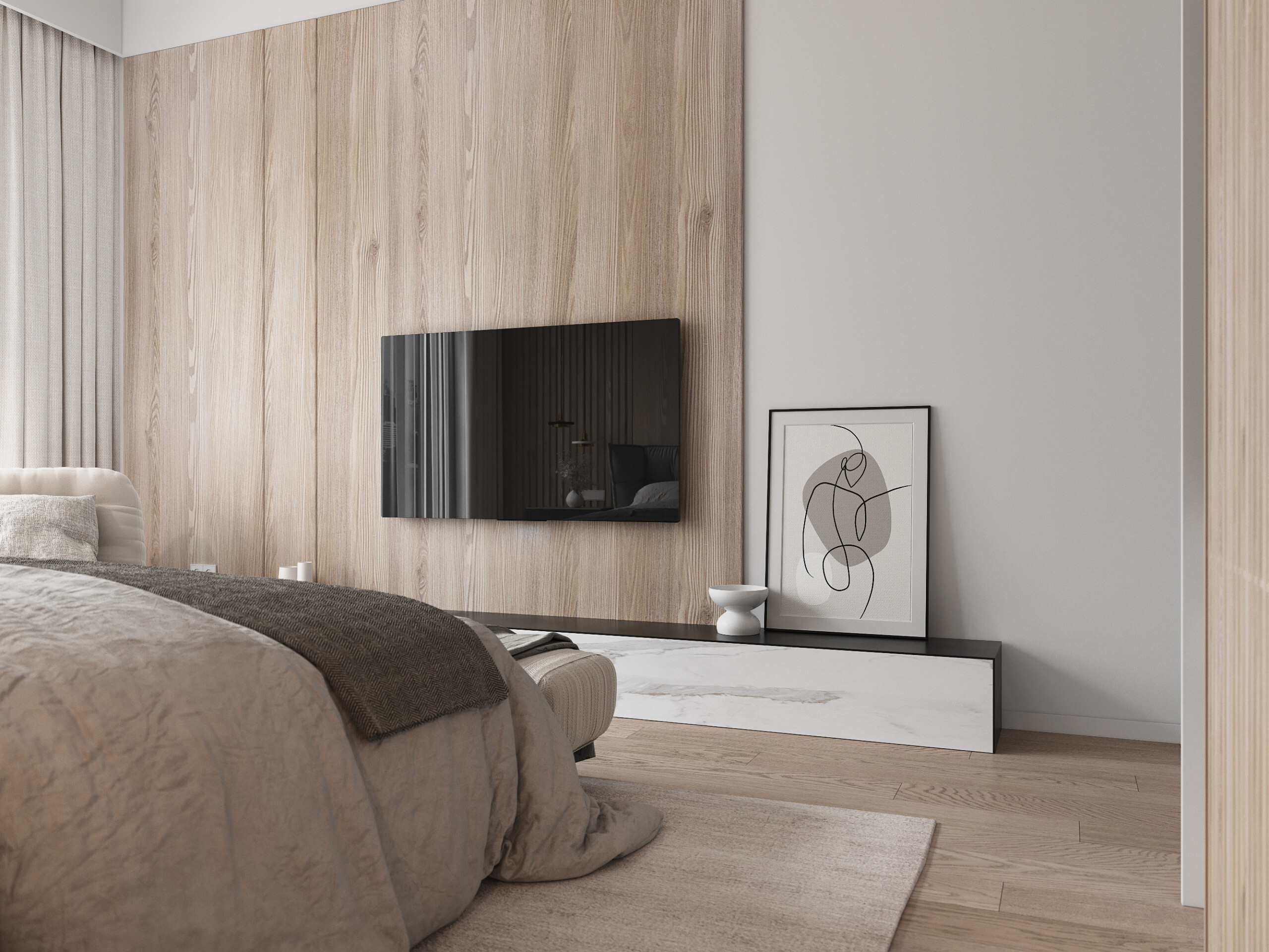 Интерьер спальни cтеной с телевизором, телевизором на рейках и телевизором на стене в современном стиле
