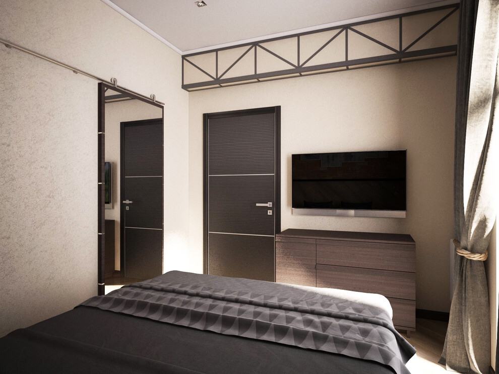 Интерьер спальни с дверными жалюзи в стиле лофт