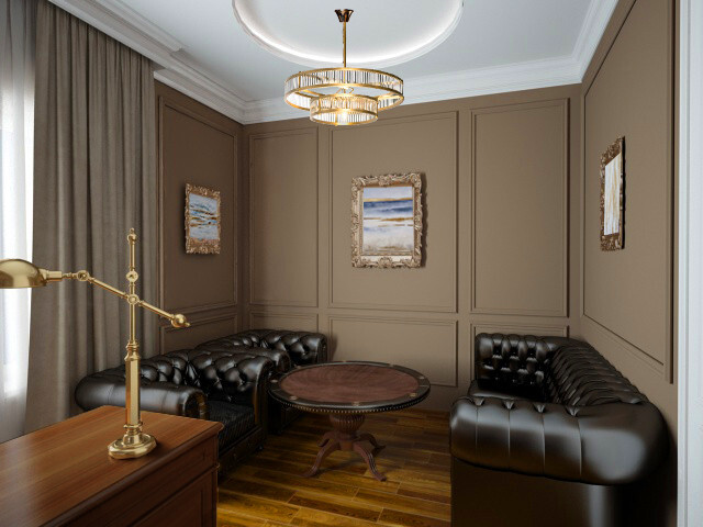 Интерьер кабинета c рабочим местом, подсветкой настенной и подсветкой светодиодной в классическом стиле
