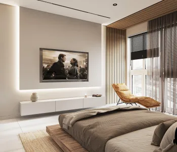 Интерьер спальни с телевизором на стене и с подсветкой  смотреть на Basicdecor