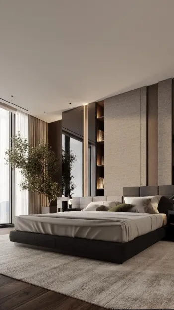 Интерьер спальни с акцентной стеной за кроватью и акцентными обоями за кроватью  смотреть на Basicdecor