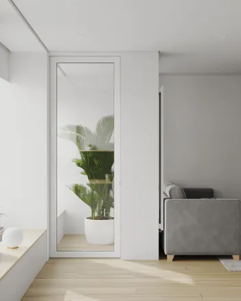 Интерьер гостиной с зеркалом на двери в современном стиле смотреть на Basicdecor