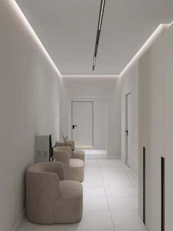 Интерьер офиса с нишей с подсветкой, световыми линиями, подсветкой светодиодной и с подсветкой  смотреть на Basicdecor