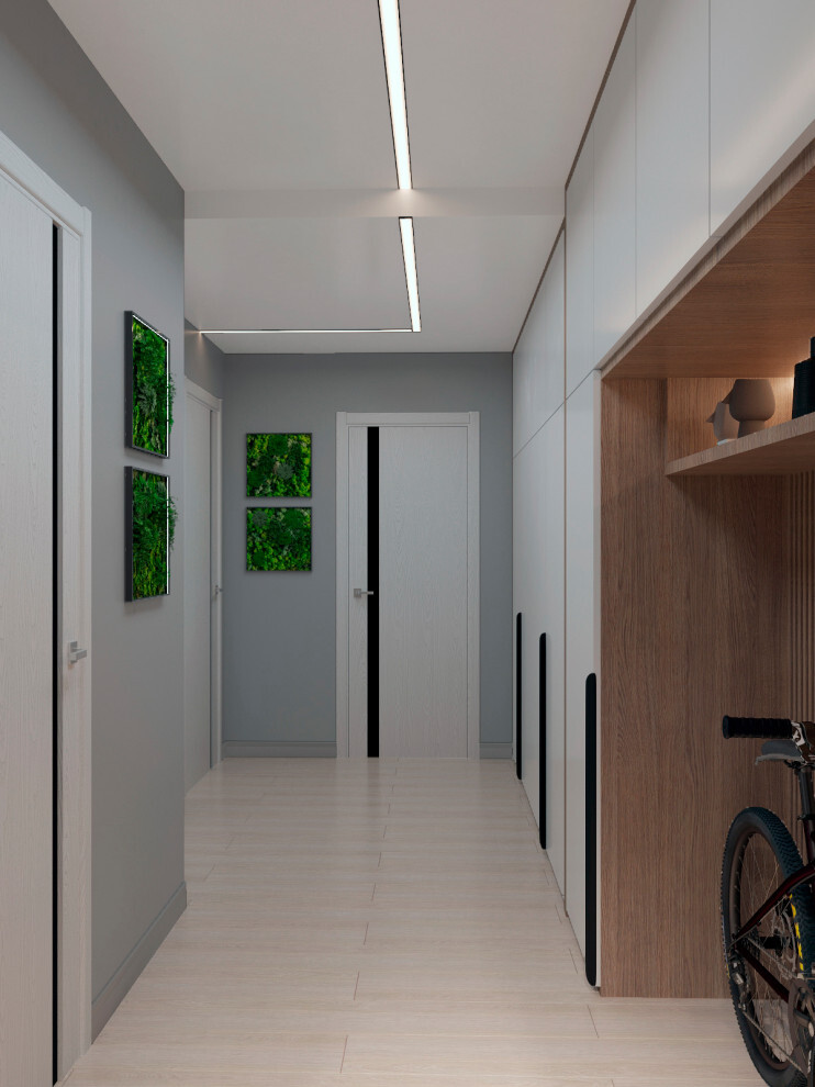 Интерьер коридора с рейками с подсветкой, подсветкой настенной, подсветкой светодиодной и с подсветкой в современном стиле
