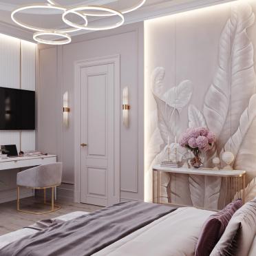 Интерьер спальни cветильниками над кроватью и с подсветкой  смотреть на Basicdecor