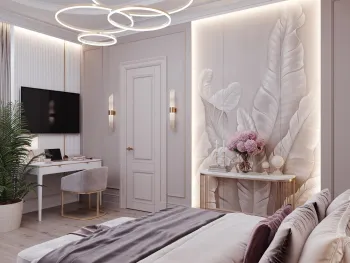Интерьер спальни cветильниками над кроватью и с подсветкой  смотреть на Basicdecor