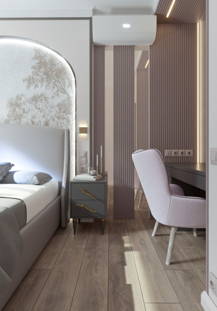 Интерьер спальни c рабочим местом, жалюзи, вертикальными жалюзи и дверными жалюзи в современном стиле