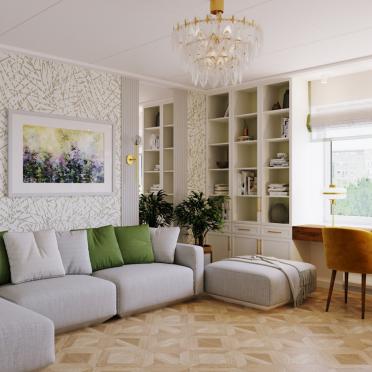 Интерьер гостиной c рабочим местом в неоклассике смотреть на Basicdecor