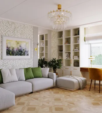 Интерьер гостиной c рабочим местом в неоклассике смотреть на Basicdecor