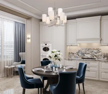Интерьер кухни cветильниками над столом  смотреть на Basicdecor