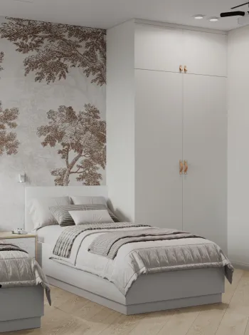 Интерьер детской с шкафом над кроватью и две кровати  смотреть на Basicdecor