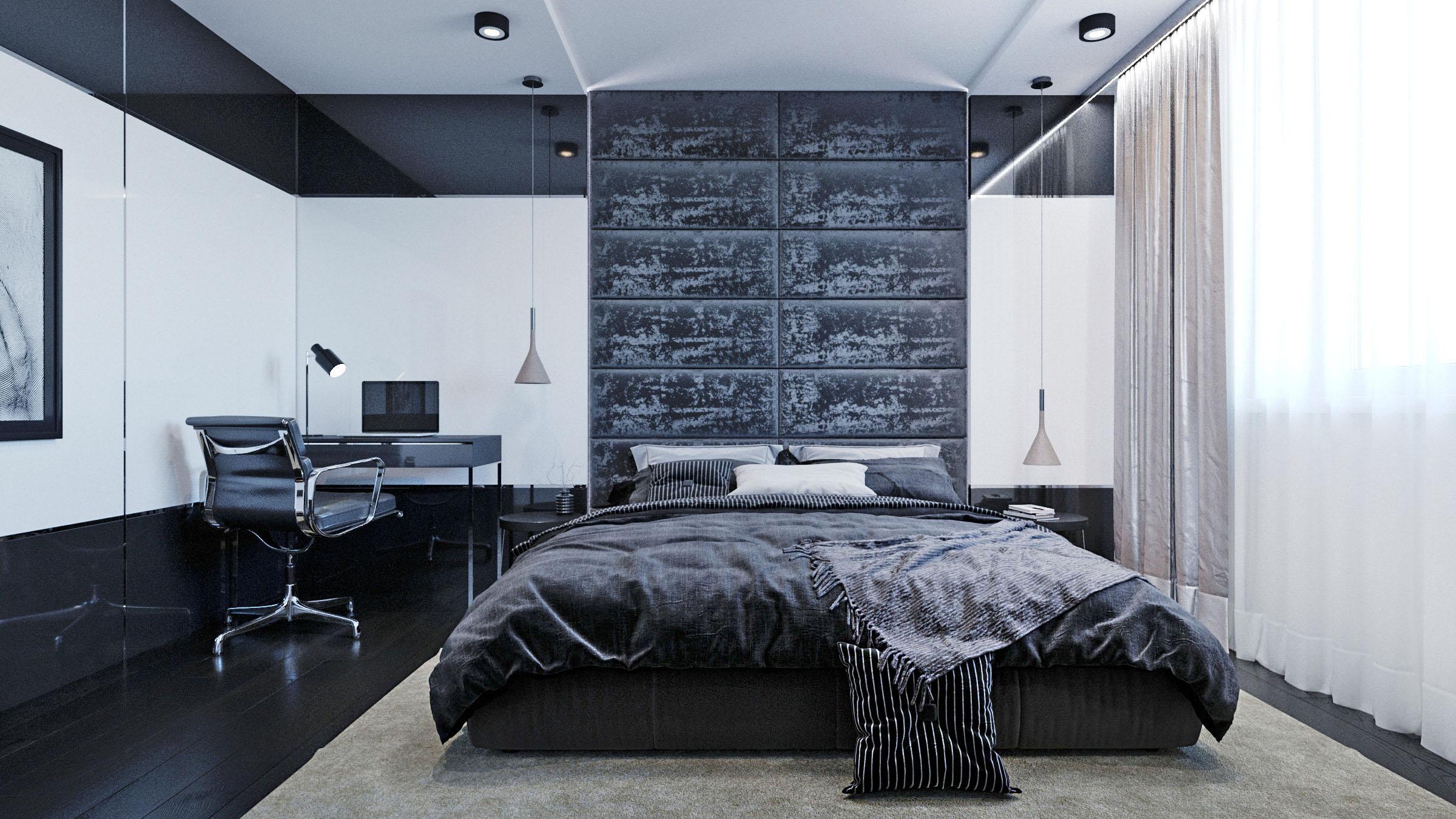 Интерьер спальни c рабочим местом и светильниками над кроватью в стиле лофт