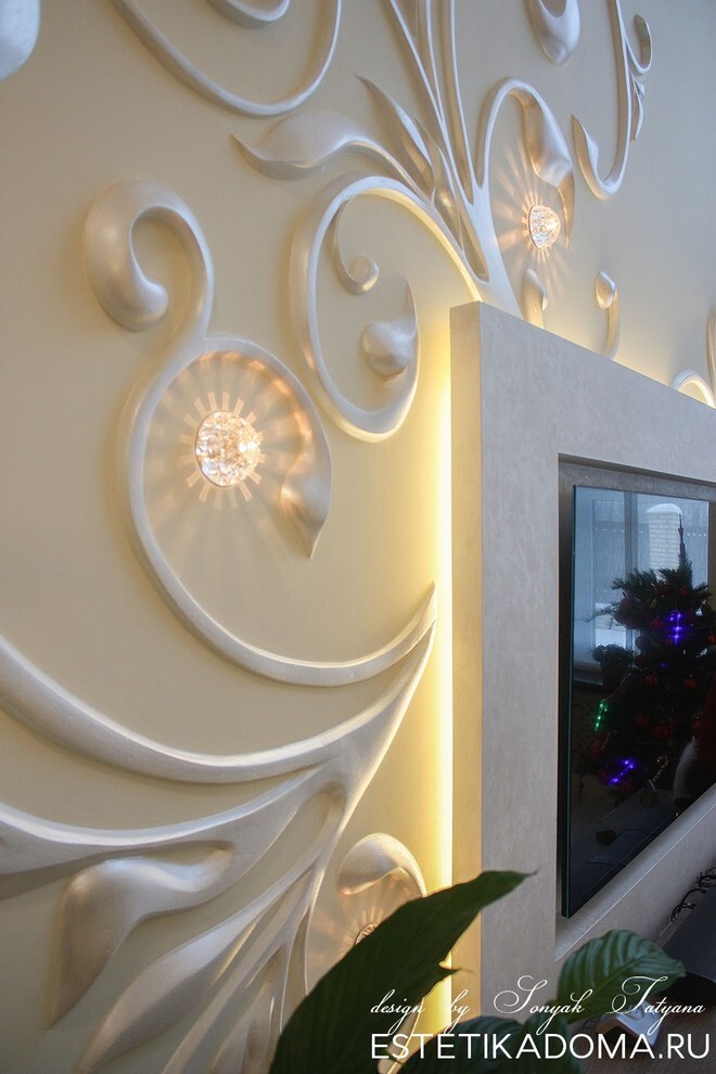 Интерьер с нишей с подсветкой, подсветкой настенной и подсветкой светодиодной в современном стиле