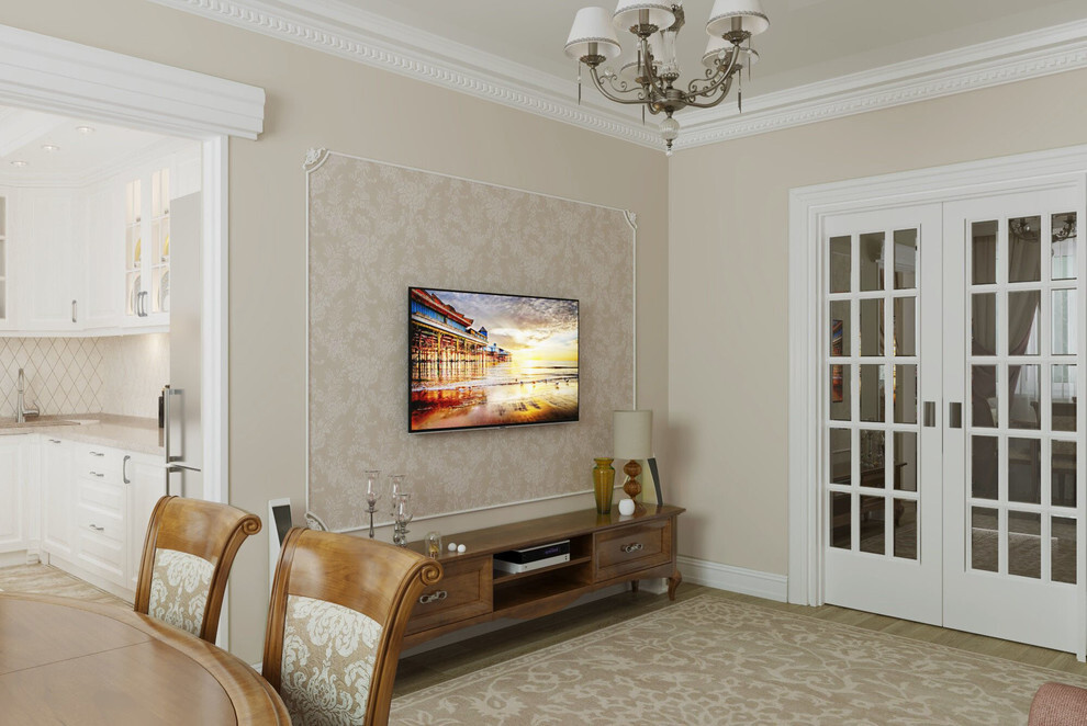 Интерьер гостиной с панно за телевизором, стеной с телевизором, телевизором на стене и керамогранитом на стену с телевизором в классическом стиле
