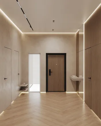 Интерьер прихожей с нишей с подсветкой, световыми линиями, подсветкой настенной, подсветкой светодиодной и с подсветкой  смотреть на Basicdecor