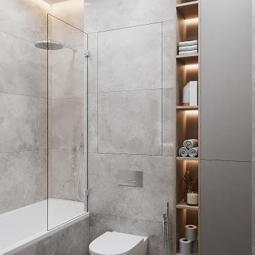 Интерьер ванной с нишей из плитки и нишей с подсветкой  смотреть на Basicdecor
