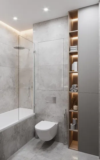 Интерьер ванной с нишей из плитки и нишей с подсветкой  смотреть на Basicdecor