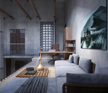 Интерьер гостиной c рабочим местом в современном стиле смотреть на Basicdecor