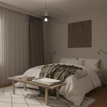Интерьер спальни с рейками с подсветкой