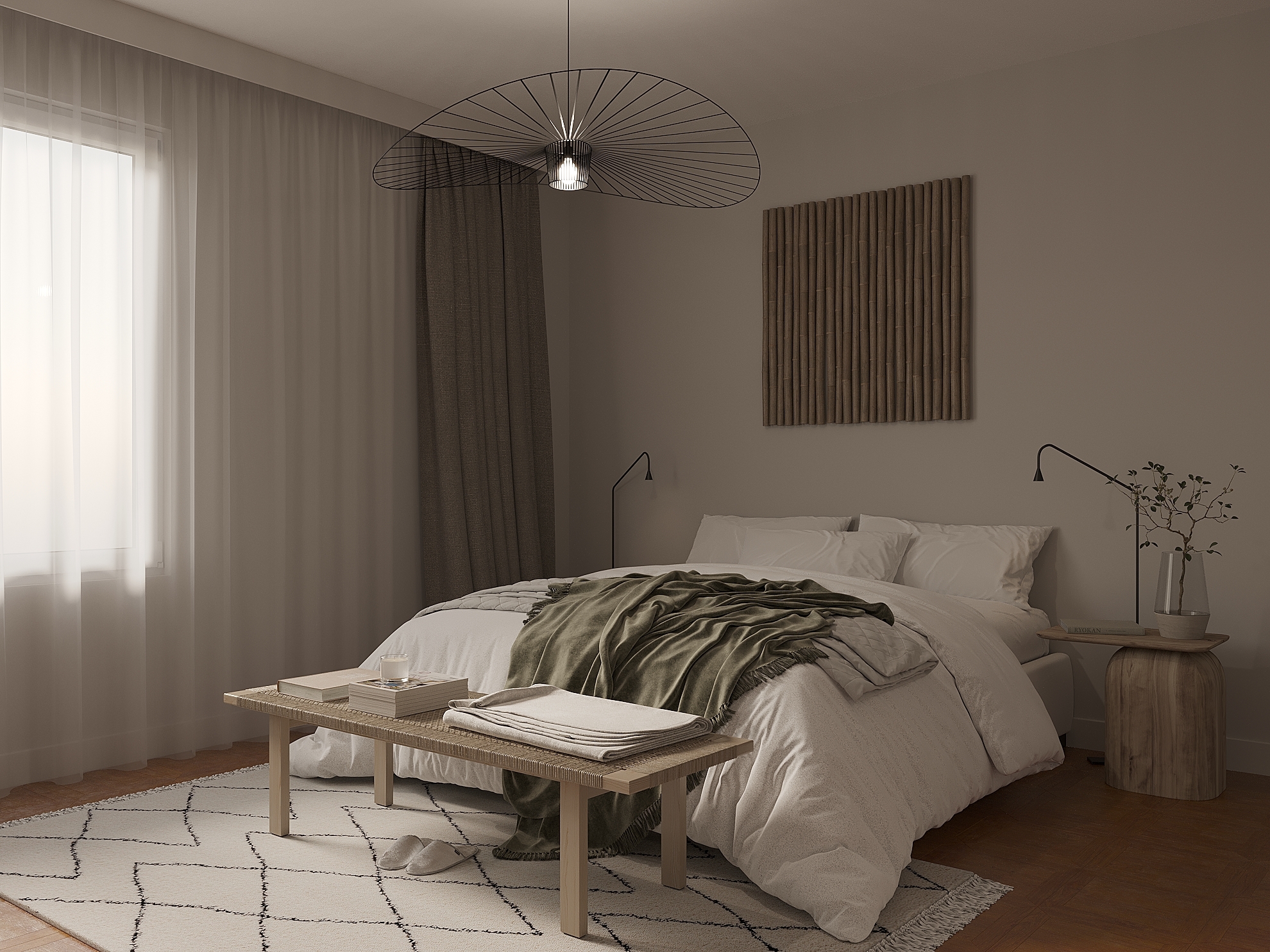 Интерьер спальни с рейками с подсветкой