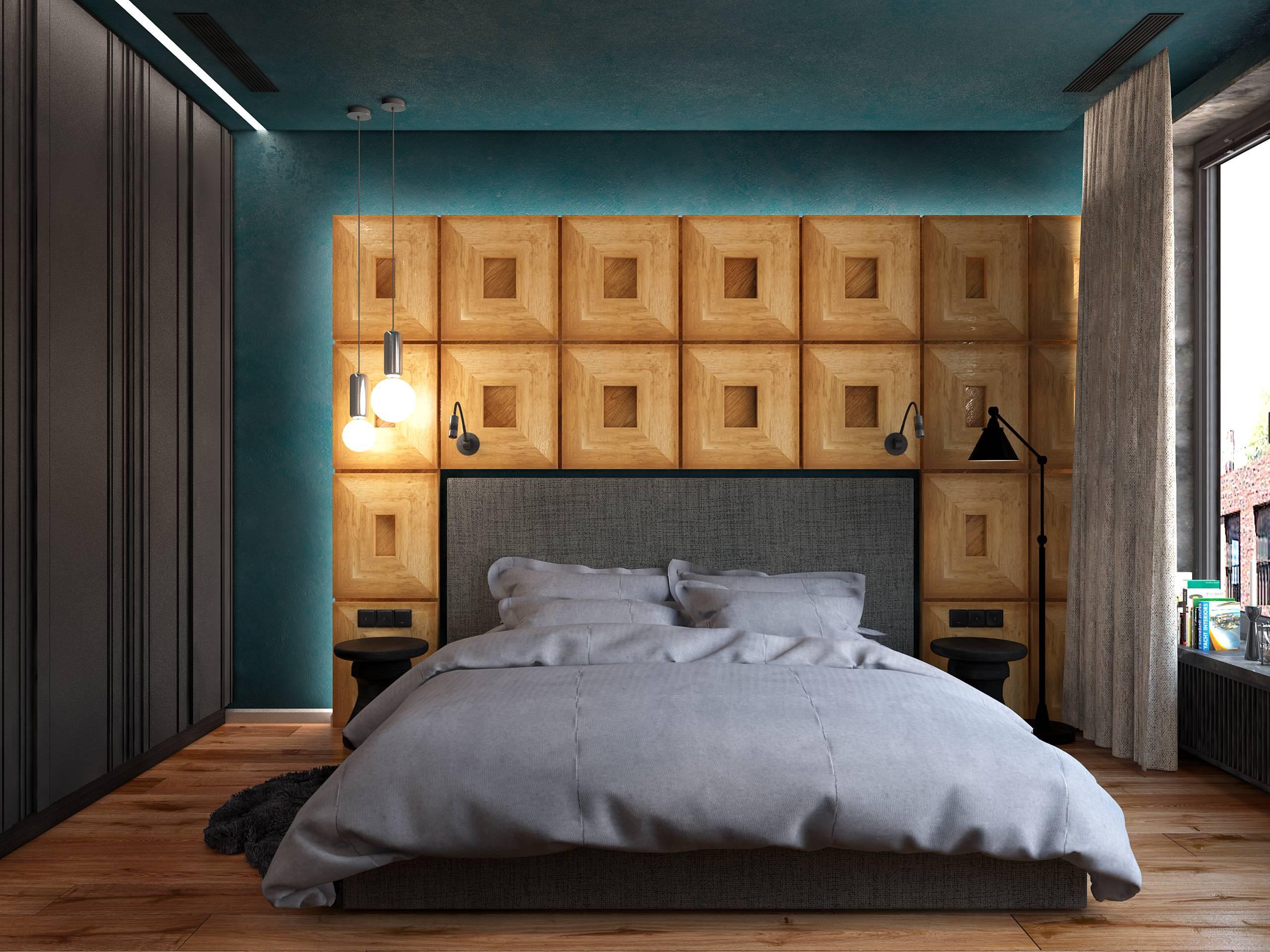 Интерьер спальни с бра над кроватью, светильниками над кроватью и шкафом над кроватью в современном стиле, в стиле лофт и эко