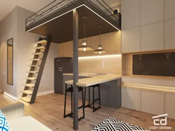 Интерьер кухни с без окна, с антресолью и под лестницей  смотреть на Basicdecor