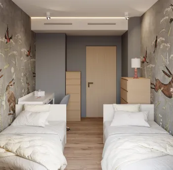 Интерьер спальни c рабочим местом и две кровати  смотреть на Basicdecor